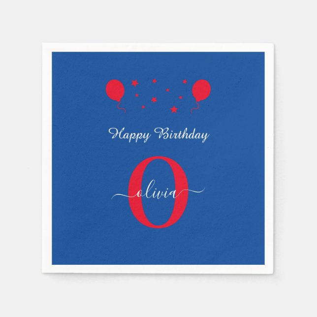 Monogram Script Happy Birthday Blue White Red Napkin (Front)