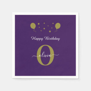 Monogram Script Happy Birthday Purple White Gold Napkin