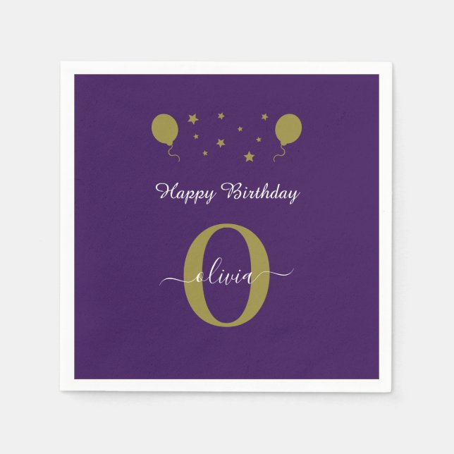 Monogram Script Happy Birthday Purple White Gold Napkin (Front)