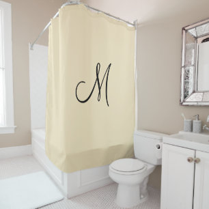 Monogram Script Initial Beige Black Minimal Simple Shower Curtain