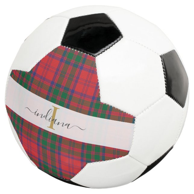 Monogram Script Initial Green Red Plaid Tartan Football (Three Quarter)