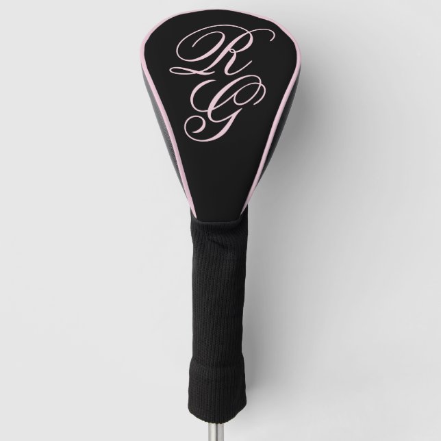 Monogram Script Initials Pink & Black Golf Head Cover (Front)