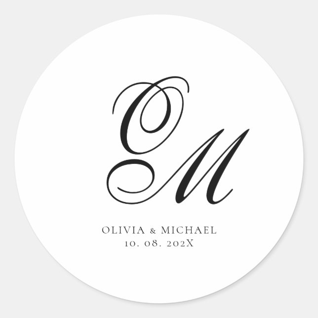 Monogram Script Minimalist Wedding Classic Round Sticker (Front)