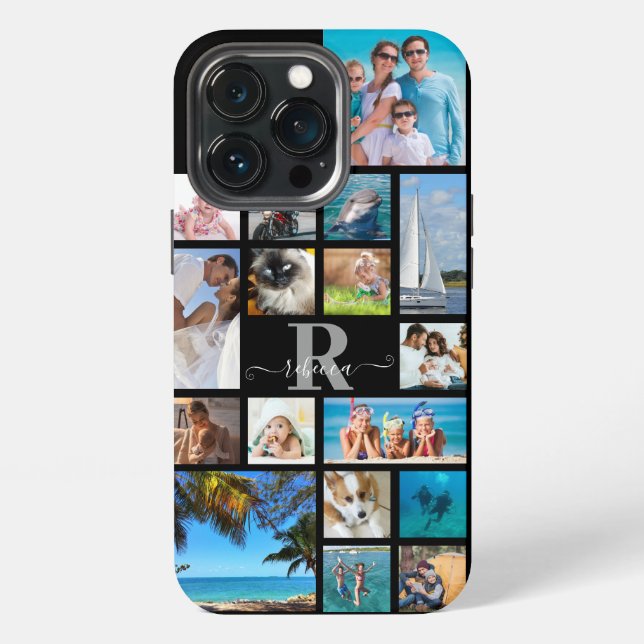 Monogram Script Name 17 Photo Collage Custom Colou iPhone Case (Back)