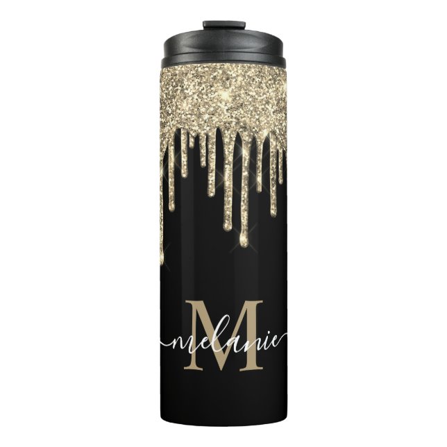 Monogram Script Name Black and Gold Glitter Drip Thermal Tumbler (Front)