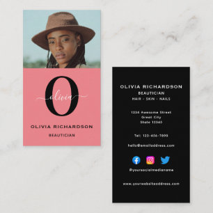 Monogram Script Name Black White Pink Job Vertical Business Card
