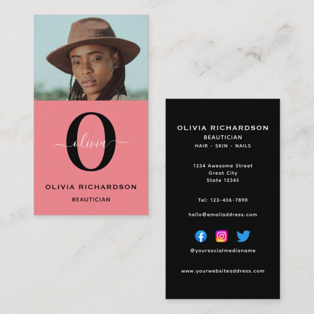 Monogram Script Name Black White Pink Job Vertical Business Card (Front/Back)