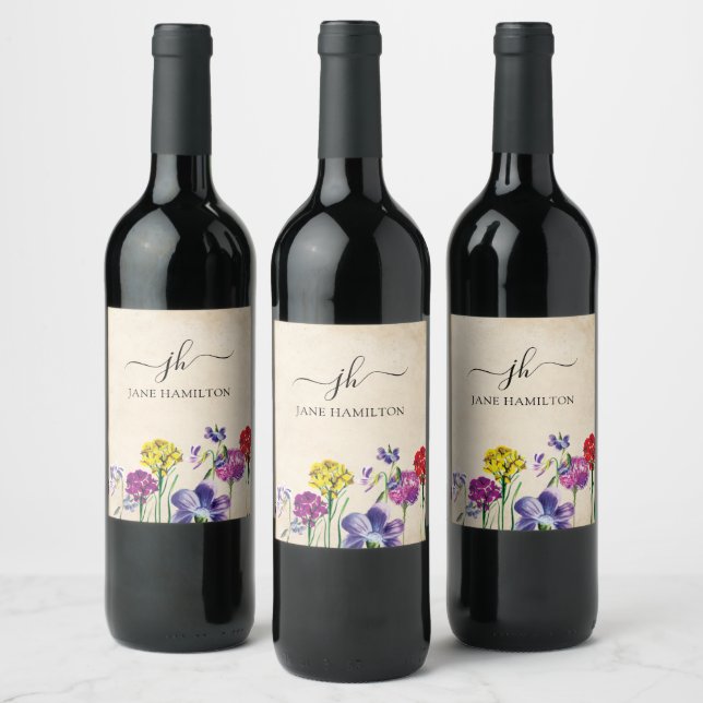 Monogram Script Name Floral Wine Label (Bottles)