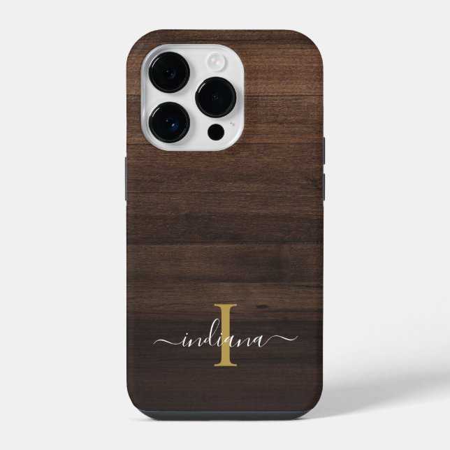 Monogram Script Name Initial Rustic Printed Wood iPhone Case (Back)