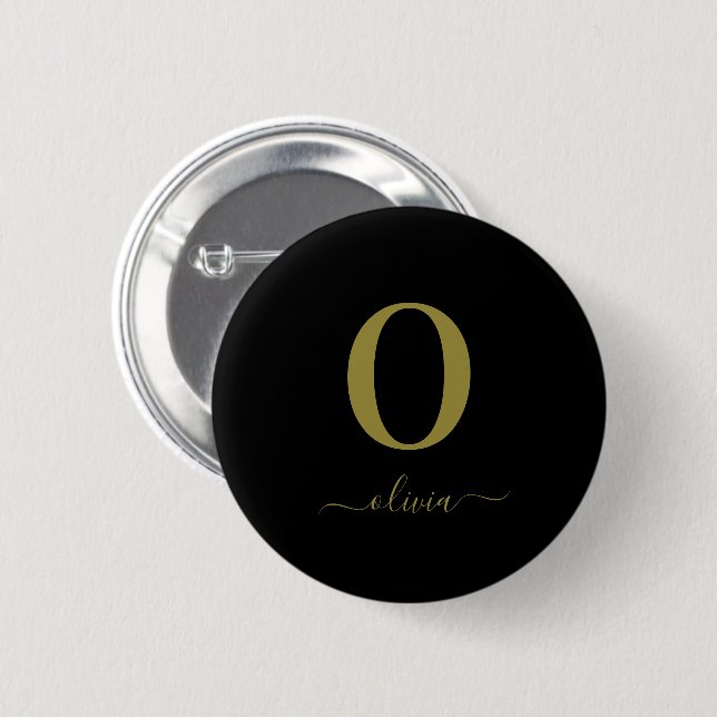 Monogram Script Name Personalised Black And Gold 6 Cm Round Badge (Front & Back)