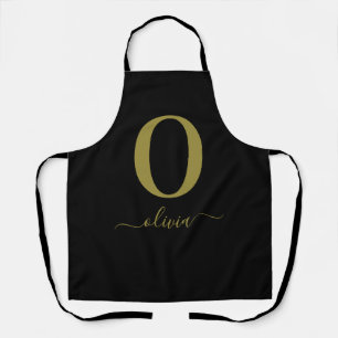 Monogram Script Name Personalised Black And Gold Apron