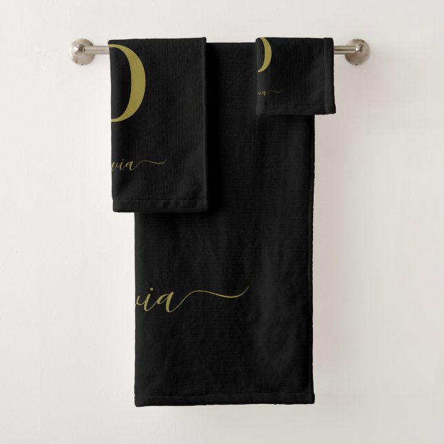 Monogram Script Name Personalised Black And Gold Bath Towel Set (Insitu)