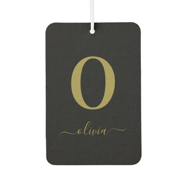 Monogram Script Name Personalised Black And Gold Car Air Freshener (Front)