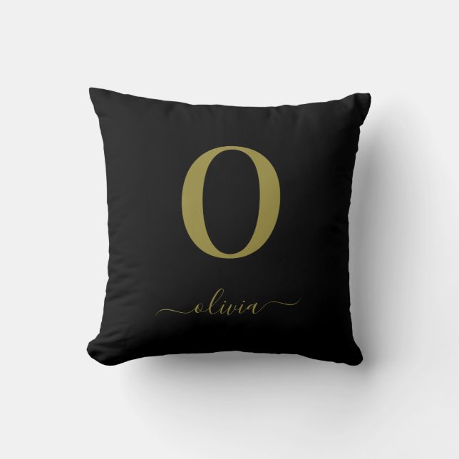 Monogram Script Name Personalised Black And Gold Cushion (Front)