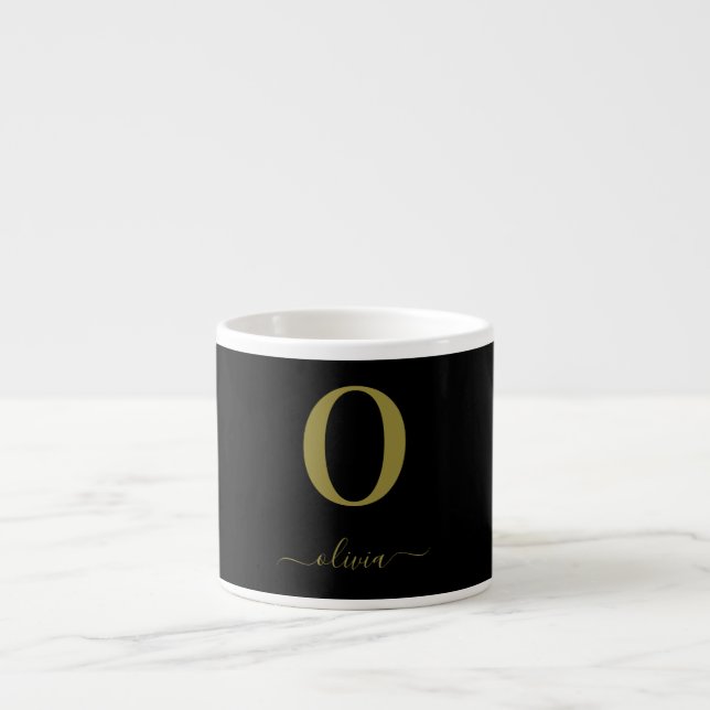 Monogram Script Name Personalised Black And Gold Espresso Cup (Front)