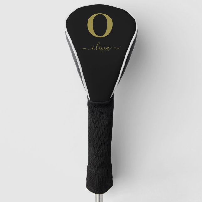 Monogram Script Name Personalised Black And Gold Golf Head Cover (Front)