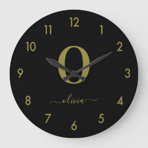 Monogram Script Name Personalised Black And Gold Large Clock
