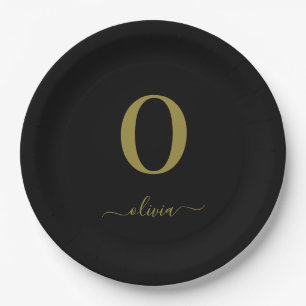 Monogram Script Name Personalised Black And Gold Paper Plate