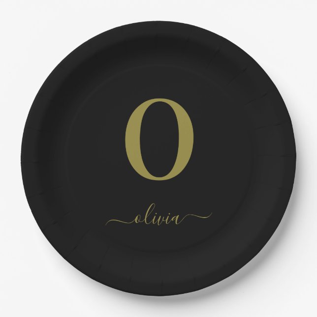 Monogram Script Name Personalised Black And Gold Paper Plate (Front)