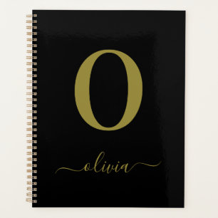 Monogram Script Name Personalised Black And Gold Planner