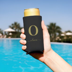 Monogram Script Name Personalised Black And Gold Seltzer Can Cooler