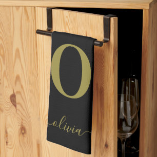 Monogram Script Name Personalised Black And Gold Tea Towel