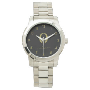 Monogram Script Name Personalised Black And Gold Watch