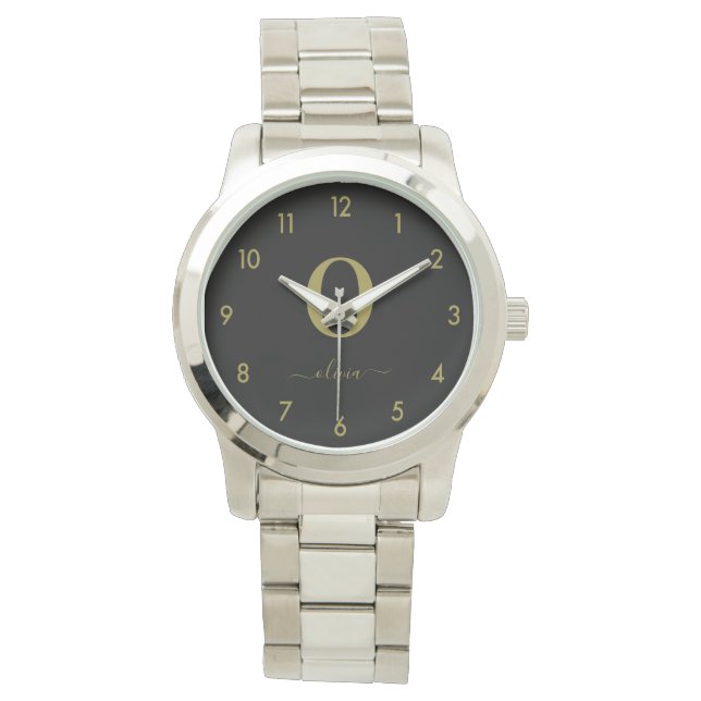 Monogram Script Name Personalised Black And Gold Watch (Front)