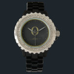 Monogram Script Name Personalised Black And Gold Watch<br><div class="desc">This stylish monogram and elegant script name design can be given as a gift for a birthday, wedding favour, bridal shower or any occasion. It can be customised with the person's initial and name.</div>