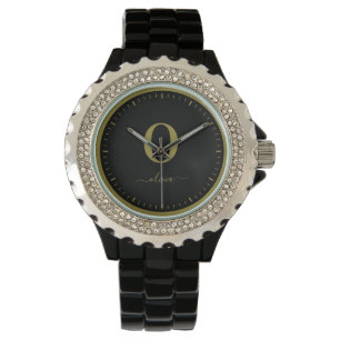 Monogram Script Name Personalised Black And Gold Watch
