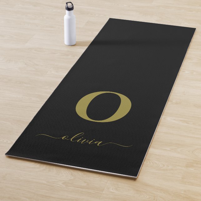 Monogram Script Name Personalised Black And Gold Yoga Mat (In Situ)