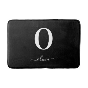 Monogram Script Name Personalised Black And White Bath Mat