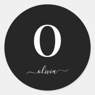Monogram Script Name Personalised Black And White Classic Round Sticker