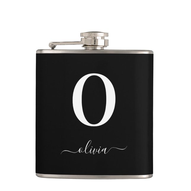 Monogram Script Name Personalised Black And White Hip Flask (Front)