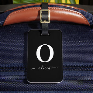 Monogram Script Name Personalised Black And White Luggage Tag