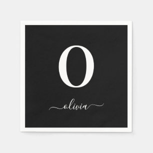 Monogram Script Name Personalised Black And White Napkin