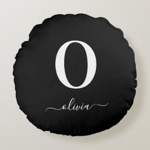 Monogram Script Name Personalised Black And White Round Cushion