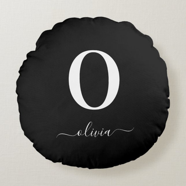 Monogram Script Name Personalised Black And White Round Cushion (Front)