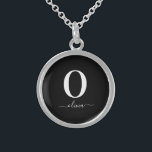 Monogram Script Name Personalised Black And White Sterling Silver Necklace<br><div class="desc">This stylish monogram and elegant script name design can be given as a gift for a birthday,  wedding favour,  bridal shower or any occasion. It can be customised with the person's initial and name.</div>
