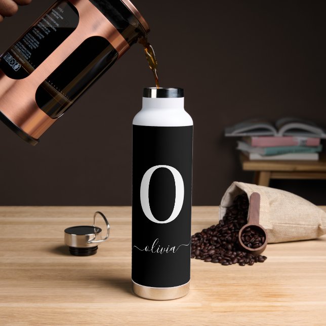 Monogram Script Name Personalised Black And White Water Bottle (Coffee)