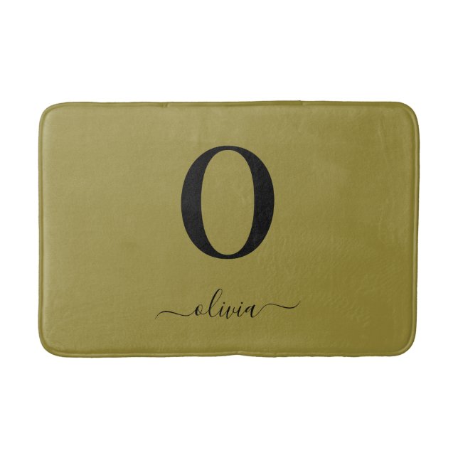 Monogram Script Name Personalised Gold And Black Bath Mat (Front)