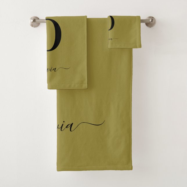 Monogram Script Name Personalised Gold And Black Bath Towel Set (Insitu)