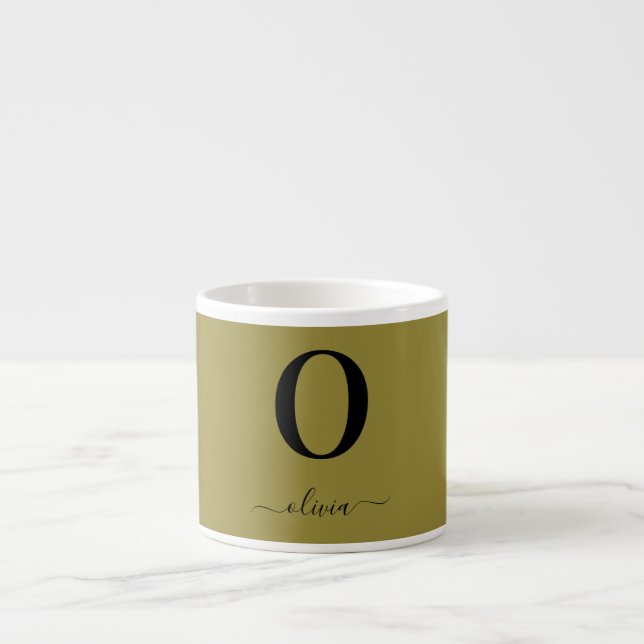Monogram Script Name Personalised Gold And Black Espresso Cup (Front)