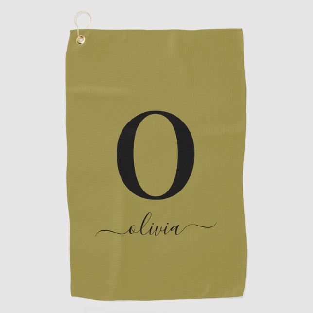 Monogram Script Name Personalised Gold And Black Golf Towel (Front)