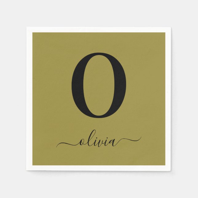 Monogram Script Name Personalised Gold And Black Napkin (Front)