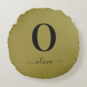 Monogram Script Name Personalised Gold And Black Round Cushion