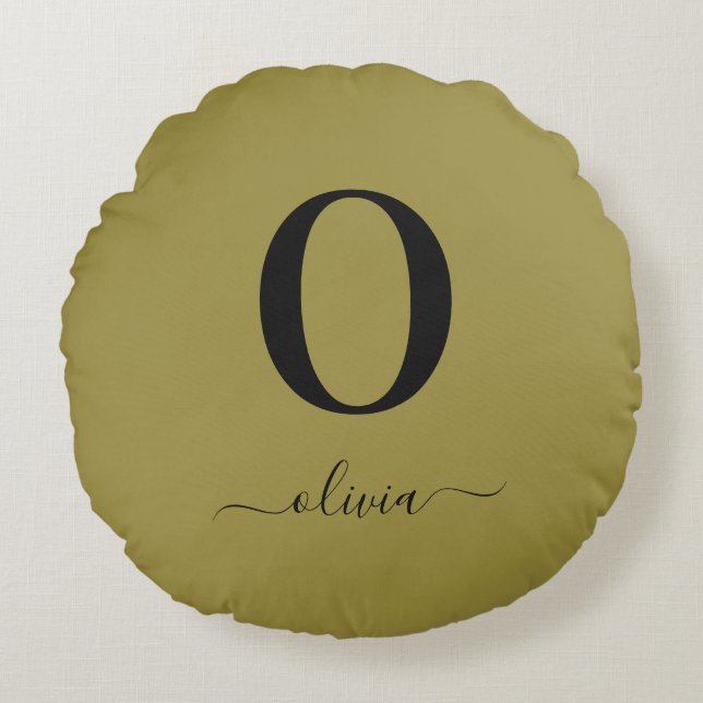 Monogram Script Name Personalised Gold And Black Round Cushion (Front)