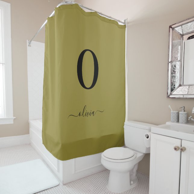 Monogram Script Name Personalised Gold And Black Shower Curtain (In Situ)