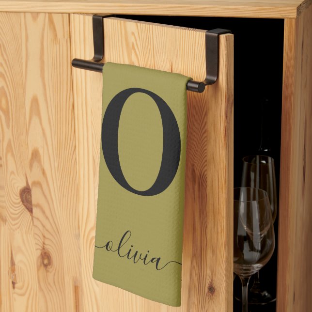 Monogram Script Name Personalised Gold And Black Tea Towel (Thirds Fold)