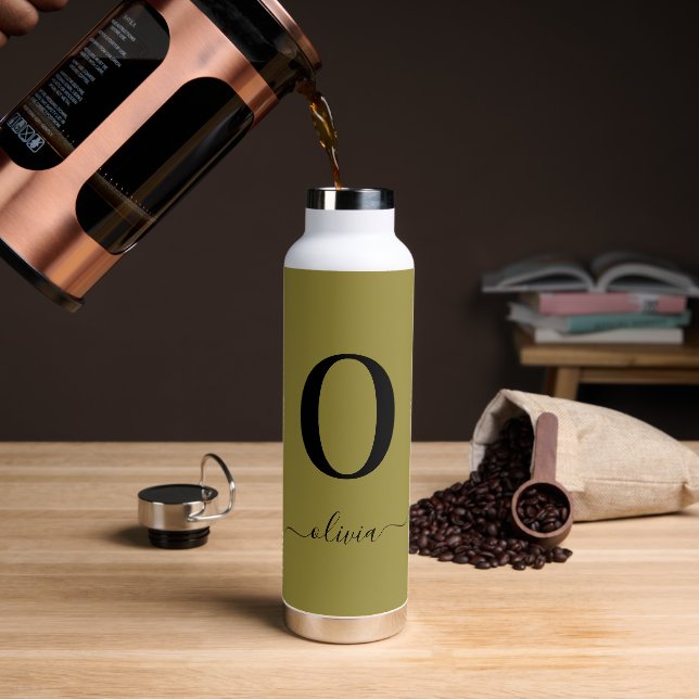 Monogram Script Name Personalised Gold And Black Water Bottle (Coffee)